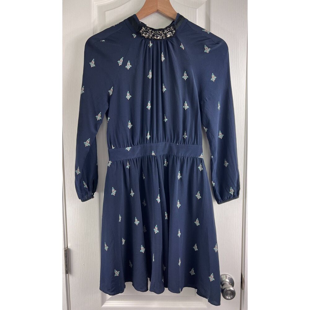 Juicy Couture Women's Navy Print Silk Dress Jeweled High Neck Size 0